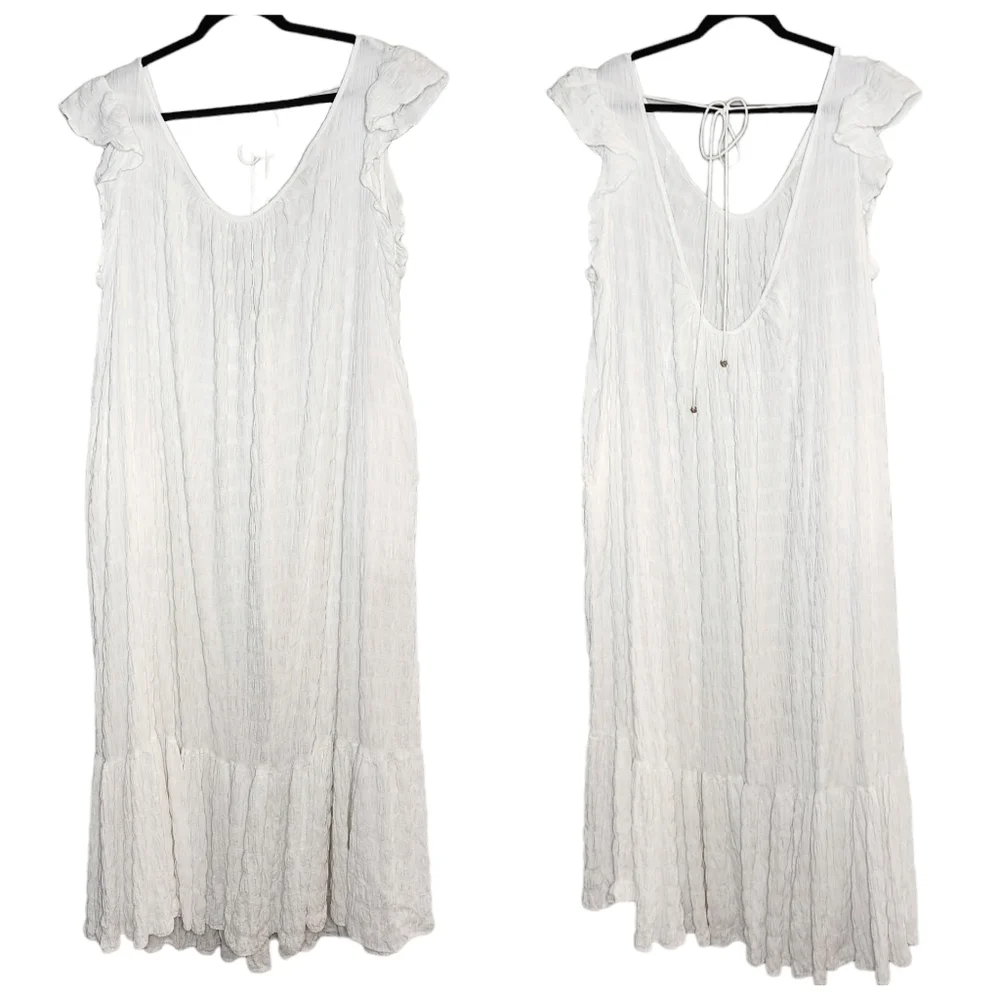 Free People Size Medium Oversized‎ Cotton White Maxi Dress Pockets Stretch